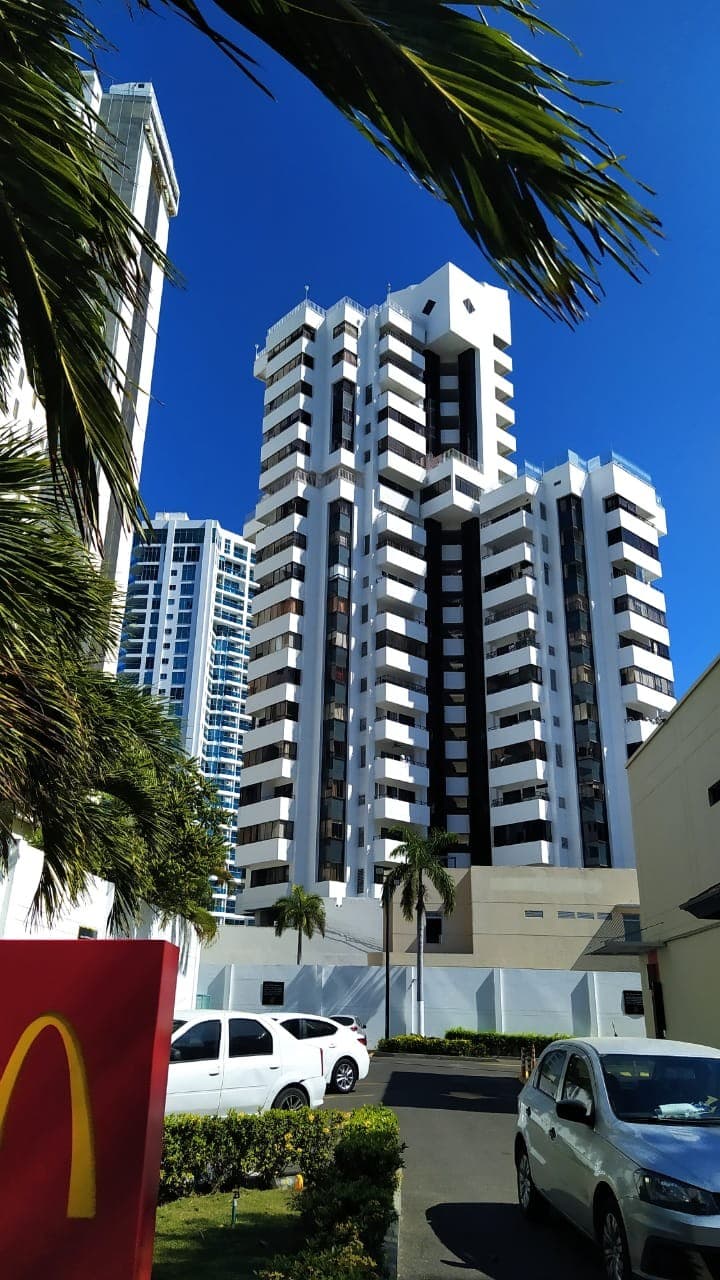 Torres blancas de apartamentos en Bocagrande vistas desde la calle, entre palmeras.
