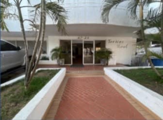 Entrada peatonal del edificio, con andén en ladrillo y palmeras a los lados.