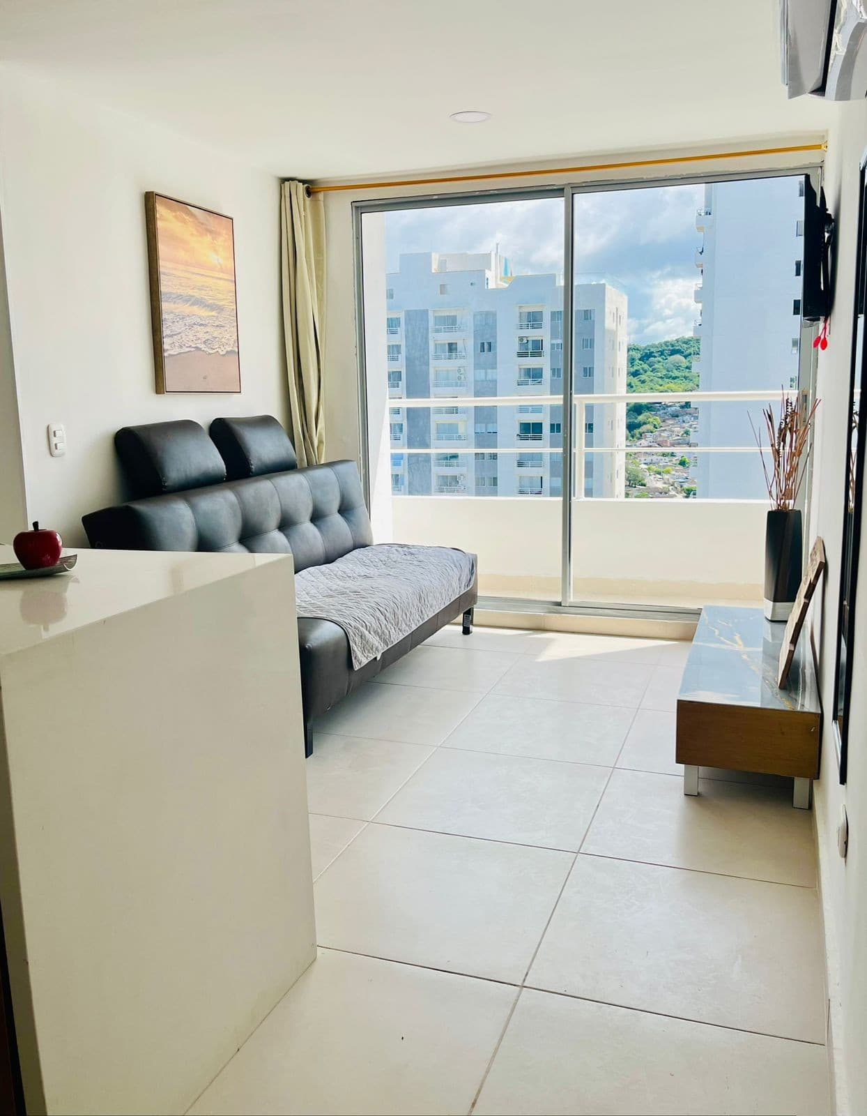 Sala con sofá cama, ventanal corredizo y salida al balcón.